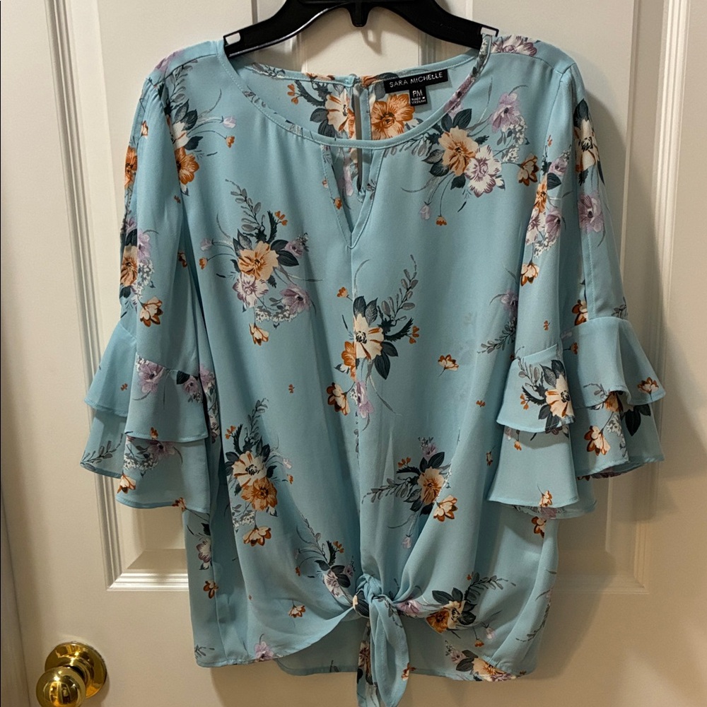Sara Michelle Floral Tie-Front Blouse - Light Blue
